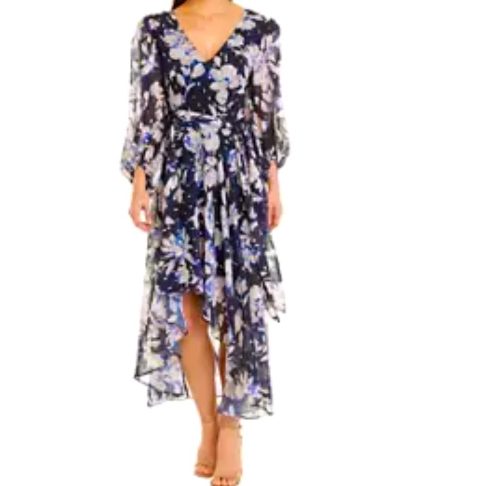 Eliza J High-Low Dress Faux Wrap Chiffon Navy Floral Swiss Dot SIZE 6